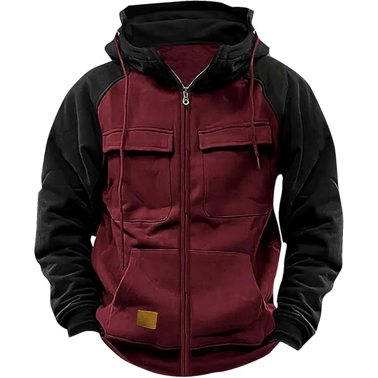 Patchwork Hoodie With Zipper Heavyweight Thick Fleece Multi Pockets