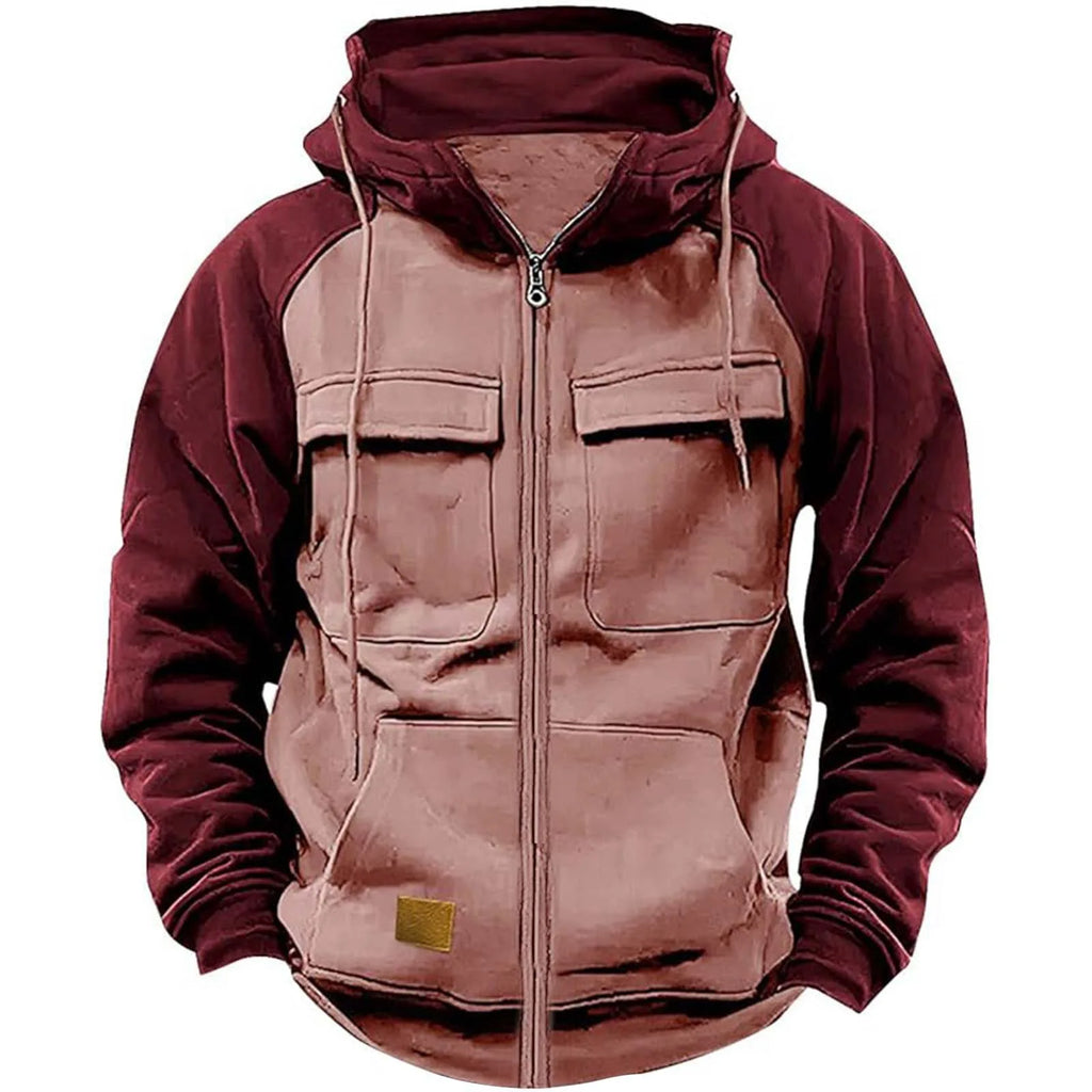 Patchwork Hoodie With Zipper Heavyweight Thick Fleece Multi Pockets