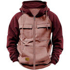 Patchwork Hoodie With Zipper Heavyweight Thick Fleece Multi Pockets