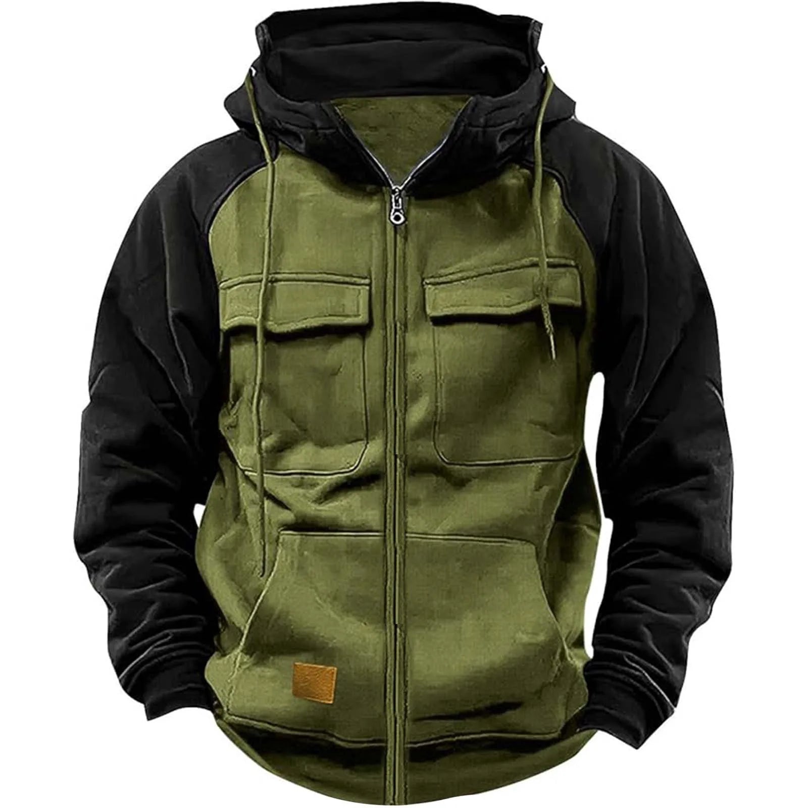 Patchwork Hoodie With Zipper Heavyweight Thick Fleece Multi Pockets