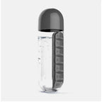 Clear water bottle with gray cap and time markers on a white background