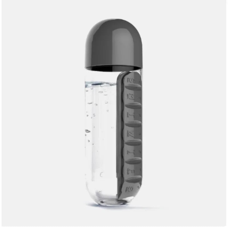 Clear water bottle with gray cap and time markers on a white background