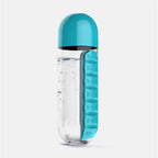Turquoise water bottle with a clear body on a white background