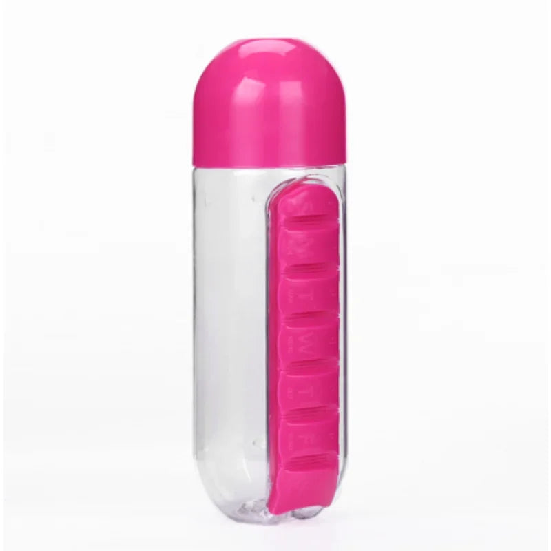 Clear container with pink lid and pink compartments on a white background
