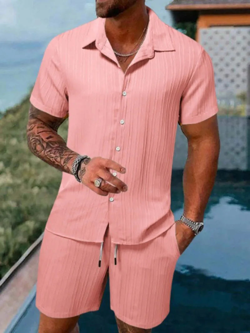Men Casual Short Sleeve Shirt & Shorts 2pcs Combo Set Summer