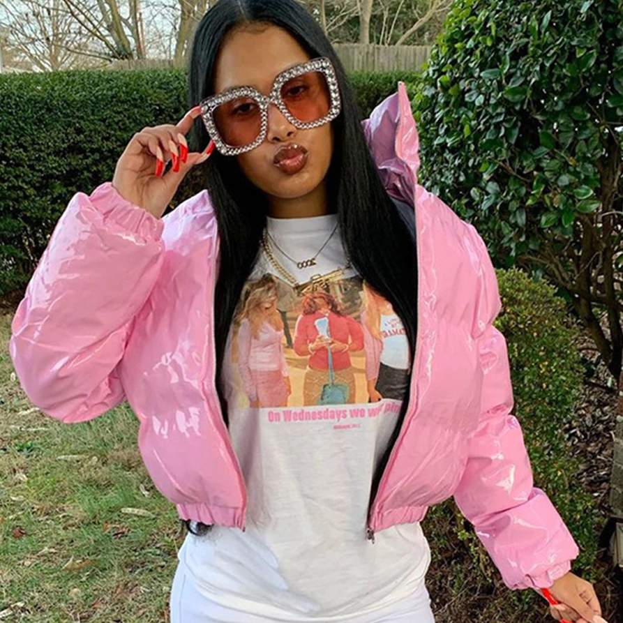 Shiny Bubble Puffer Parker Jacket Crop Top for Women