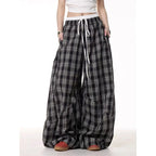 Double Waist Plaid Patchwork Wide Leg Baggy Pants