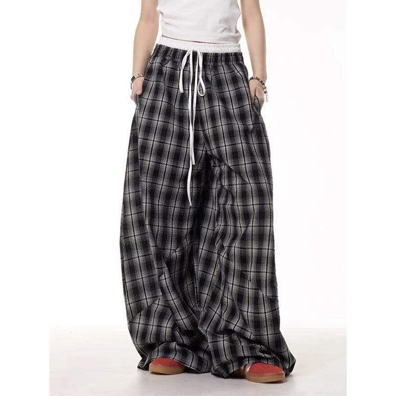 Double Waist Plaid Patchwork Wide Leg Baggy Pants