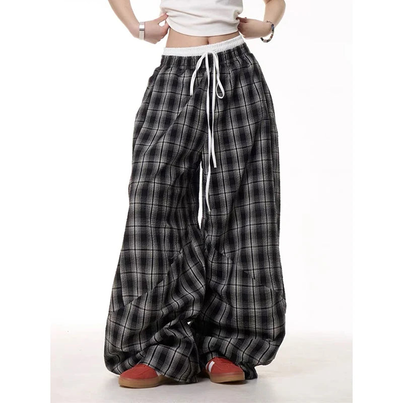 Double Waist Plaid Patchwork Wide Leg Baggy Pants