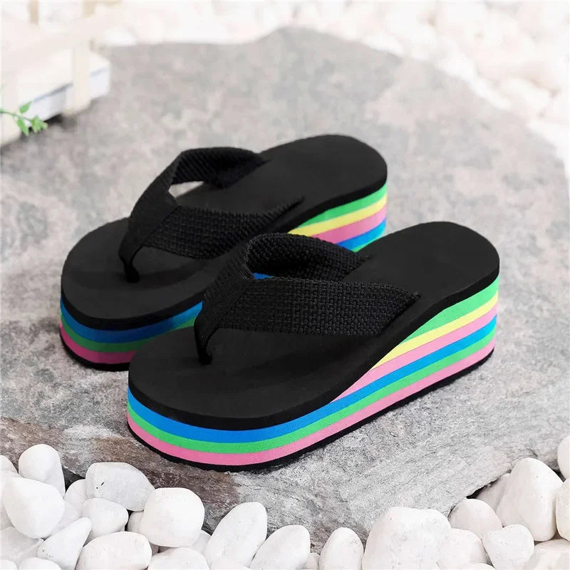 Platform Slides Height Boosting Wedges Rainbow Elevator Thongs Beach Flip Flops