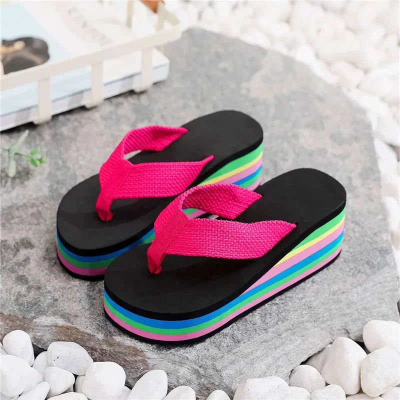 Platform Slides Height Boosting Wedges Rainbow Elevator Thongs Beach Flip Flops