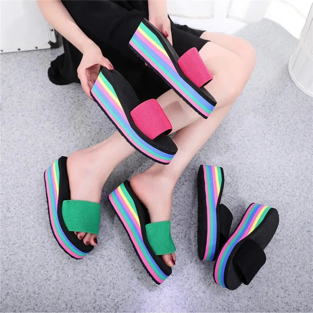 Platform Slides Height Boosting Wedges Rainbow Elevator Thongs Beach Flip Flops