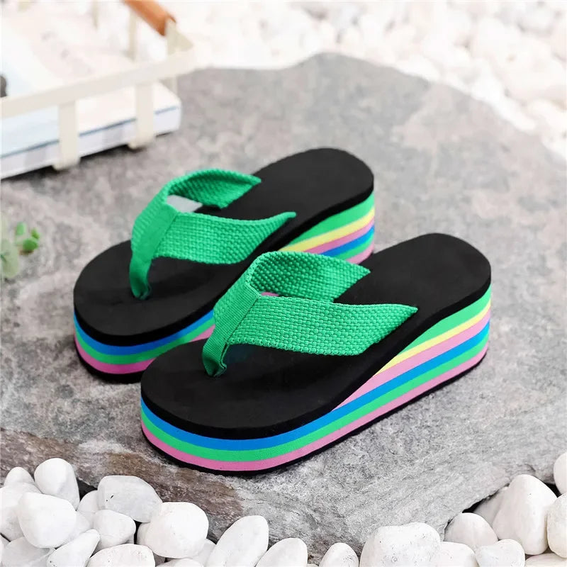Platform Slides Height Boosting Wedges Rainbow Elevator Thongs Beach Flip Flops