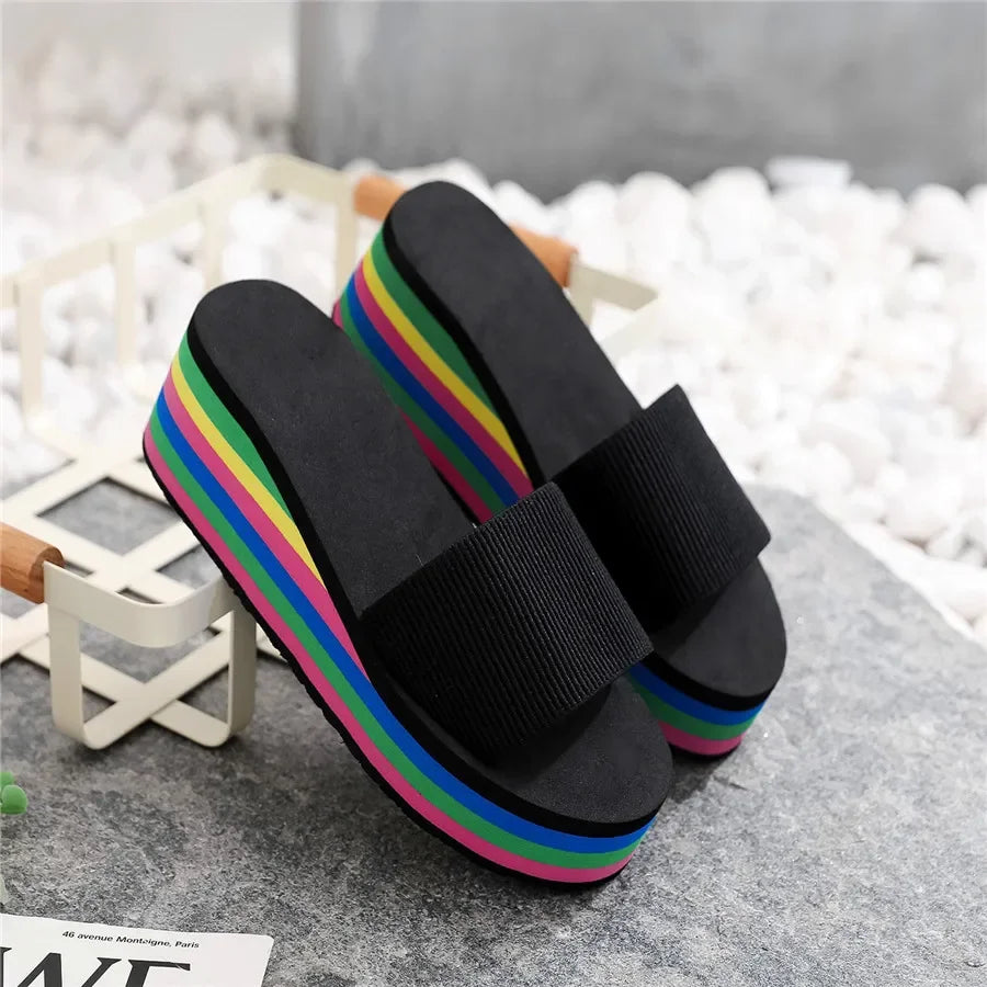 Platform Slides Height Boosting Wedges Rainbow Elevator Thongs Beach Flip Flops