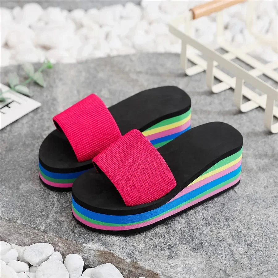 Platform Slides Height Boosting Wedges Rainbow Elevator Thongs Beach Flip Flops