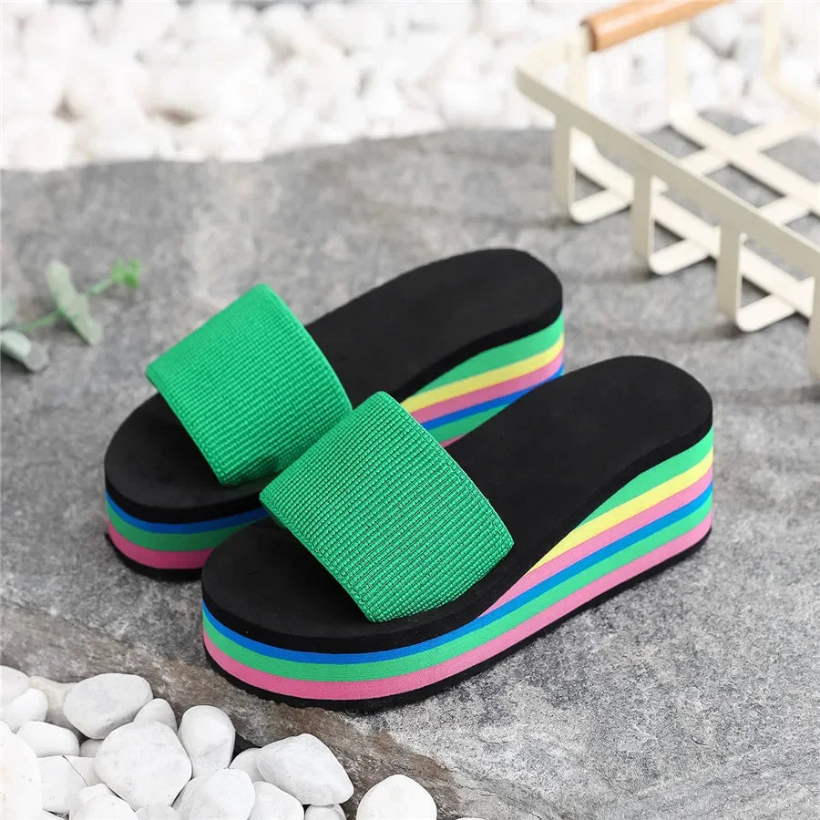 Platform Slides Height Boosting Wedges Rainbow Elevator Thongs Beach Flip Flops