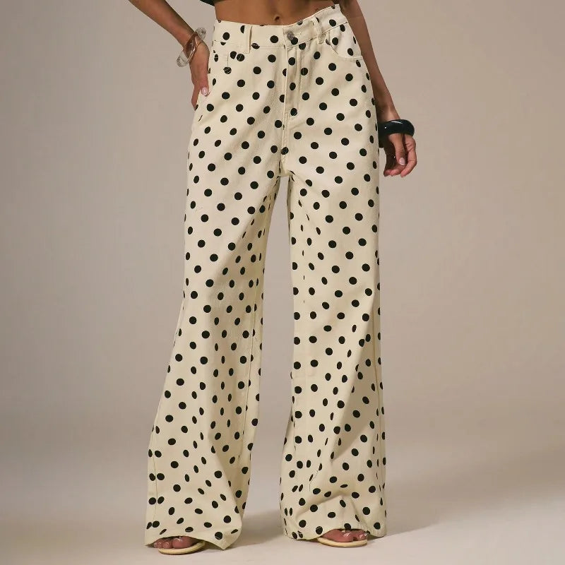 Polka Dot Baggy Jeans Retro Mid Rise Women's Pants