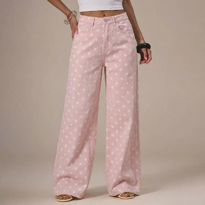 Polka Dot Baggy Jeans Retro Mid Rise Women's Pants