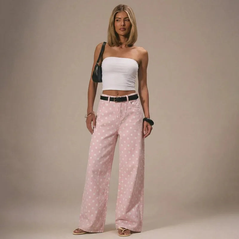 Polka Dot Baggy Jeans Retro Mid Rise Women's Pants