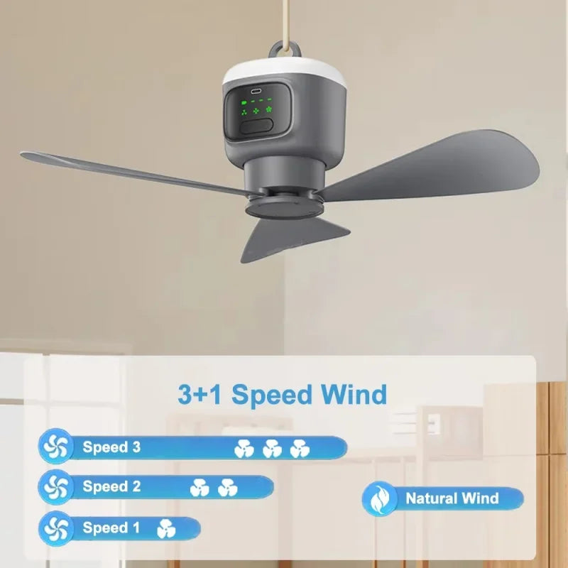 Home Portable Ceiling Fan 3 Speed With Night Light Outdoor Air Cooling Camping Tent Rechargeable 12000mAh