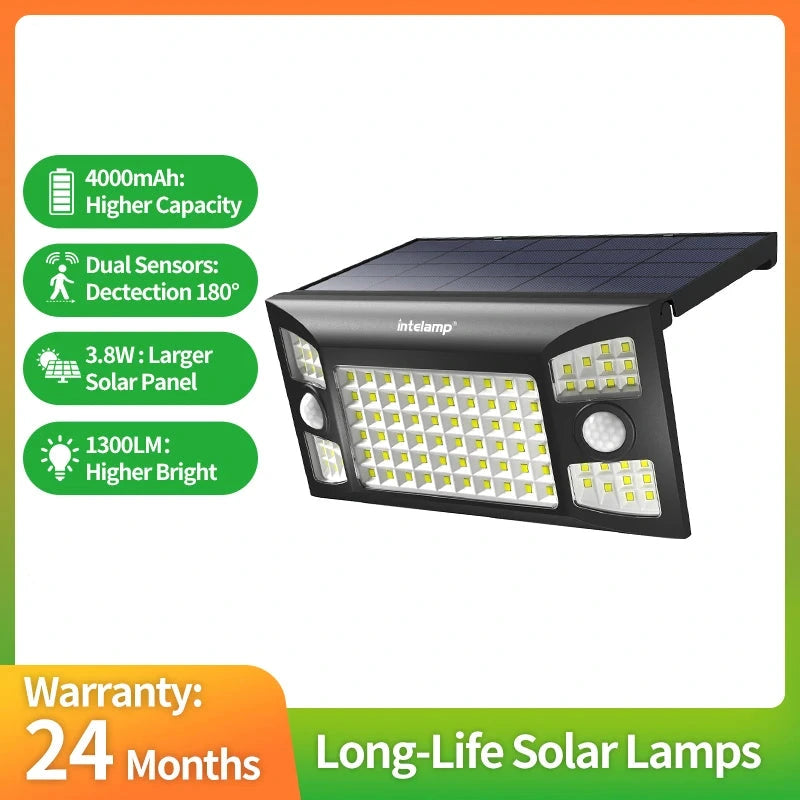 Outdoor solar LED wall light with a built-in solar panel.