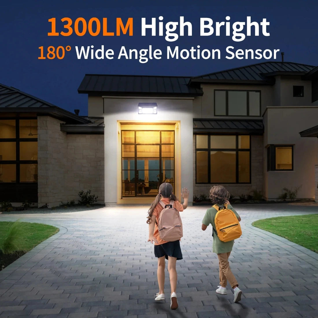 Two children at a house with a security light labeled '1300LM High Bright 180° Wide Angle Motion Sensor'.