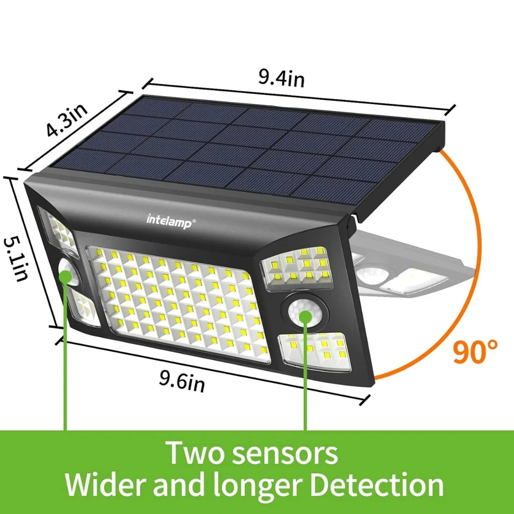 Solar panel with dimensions and features highlighted on a white background