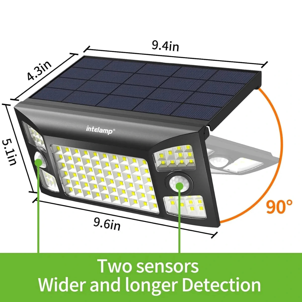Solar panel with dimensions and features highlighted on a white background