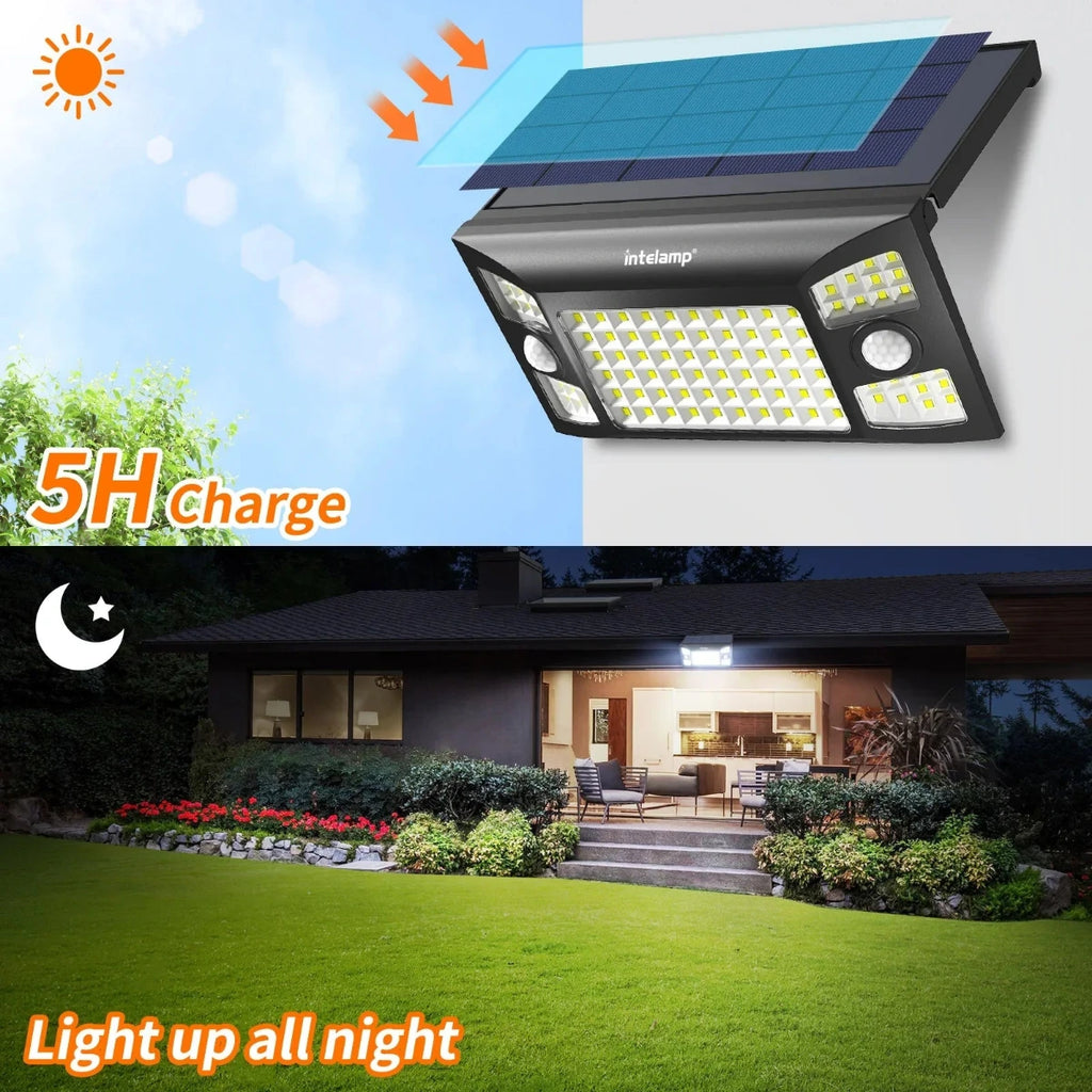 Solar light with charging and lighting features, shown outdoors.