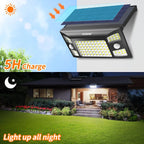 Solar light with charging and lighting features, shown outdoors.