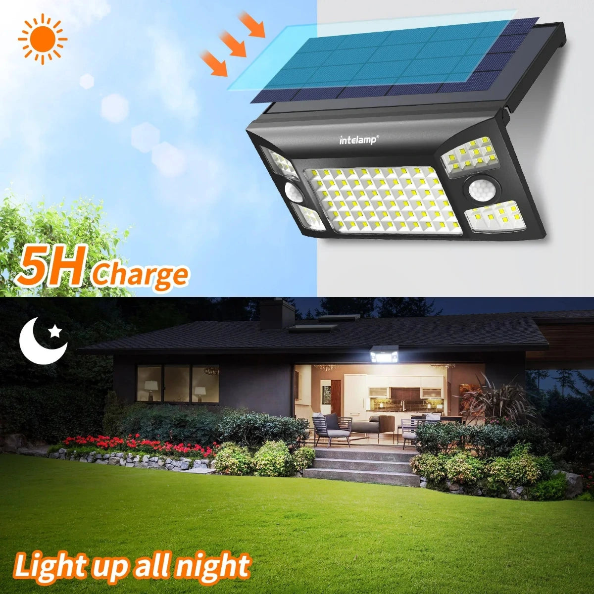 Solar light with charging and lighting features, shown outdoors.
