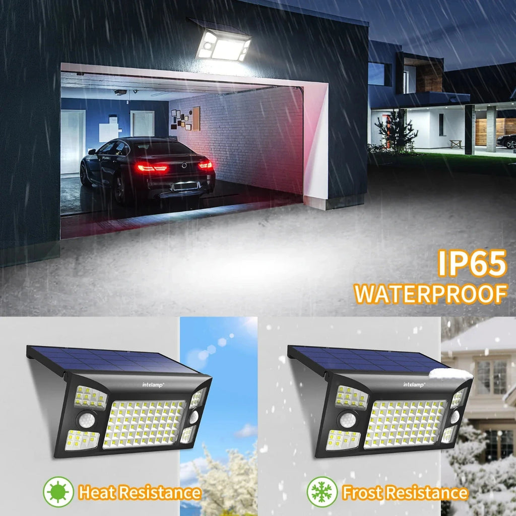 Solar-powered outdoor lights with waterproof rating and heat/frost resistance features.
