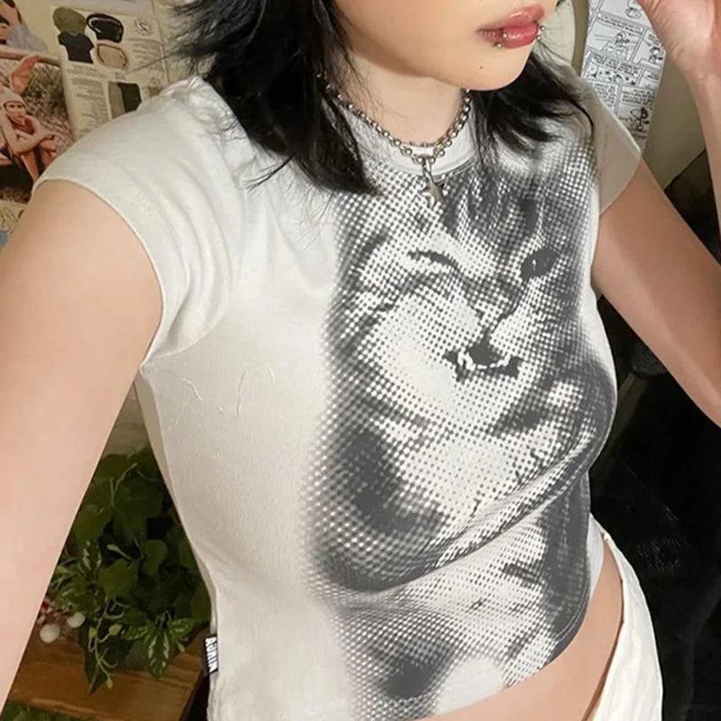 Vintage Wild Cat Pixel Print Crop Top T-shirt Women's