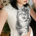 Vintage Wild Cat Pixel Print Crop Top T-shirt Women's