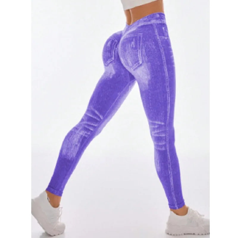 Women's Sport Yoga Leggings Faux Jeans Skinny Tight Seamless Fitness Pants
