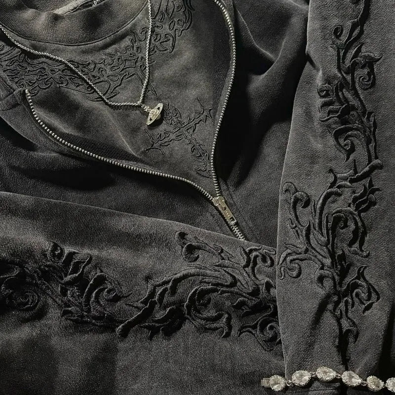 Vine Embroidered Hoodie Gothic High Street Washed Y2K Streetwear Unisex