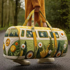 Person holding a colorful duffel bag with a vintage van design outdoors.