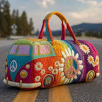 Colorful quilted bag shaped like a van with peace signs and flowers on a road.