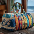 Colorful quilted bag with vintage van and surfboard design on a wooden surface.