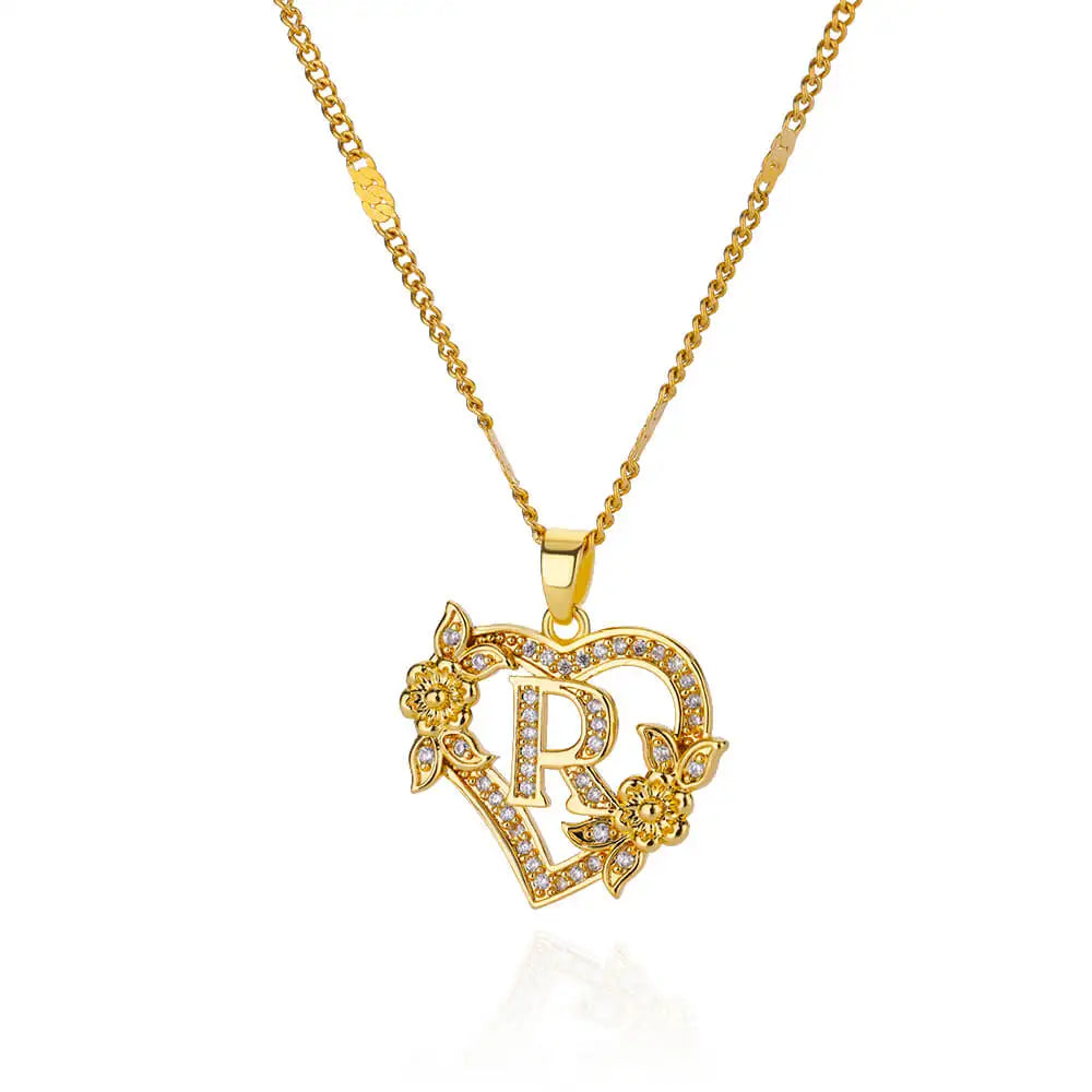 Initials Gold Necklace Zircon Flower Love Heart