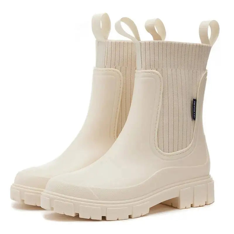 Rain Boots Women's Waterproof Chelsea Heel Chunky Non-Slip