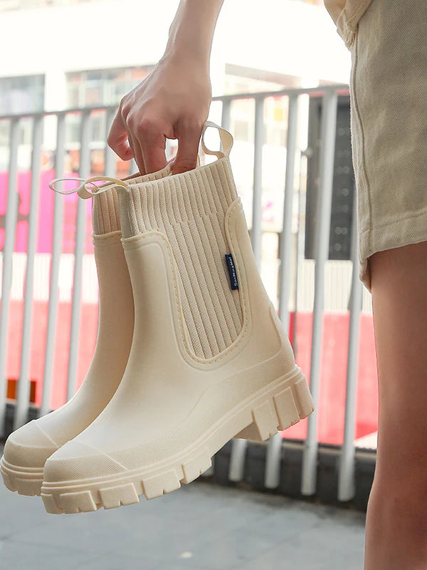 Rain Boots Women's Waterproof Chelsea Heel Chunky Non-Slip