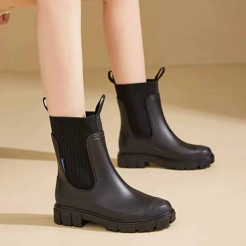 Rain Boots Women's Waterproof Chelsea Heel Chunky Non-Slip