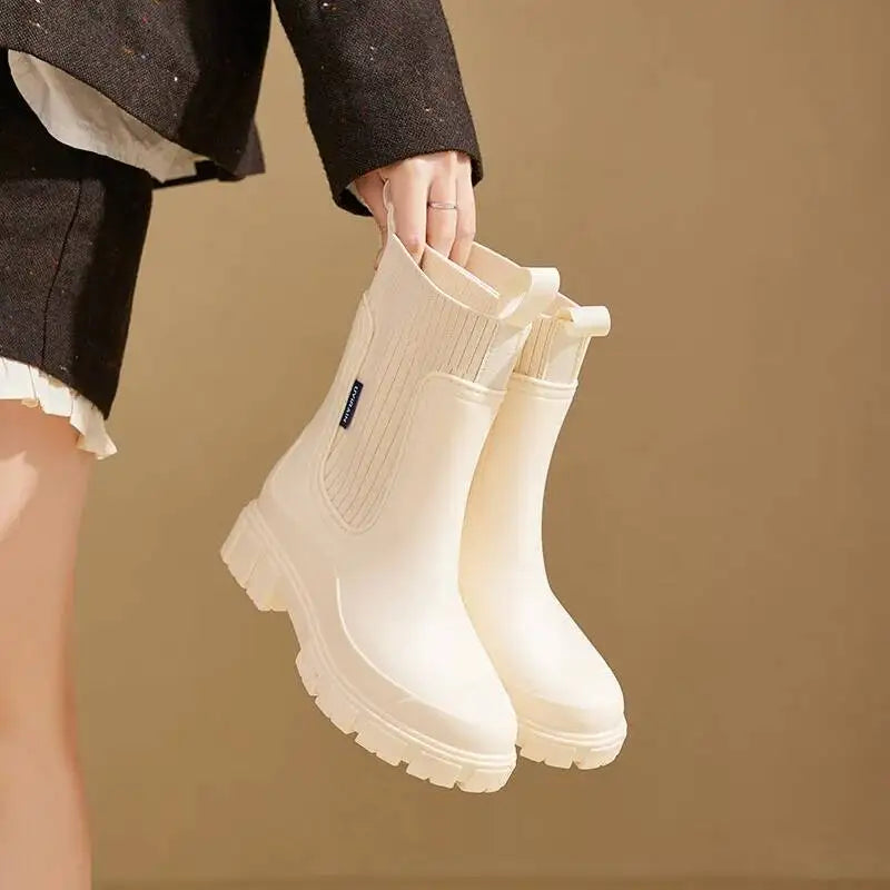 Rain Boots Women's Waterproof Chelsea Heel Chunky Non-Slip