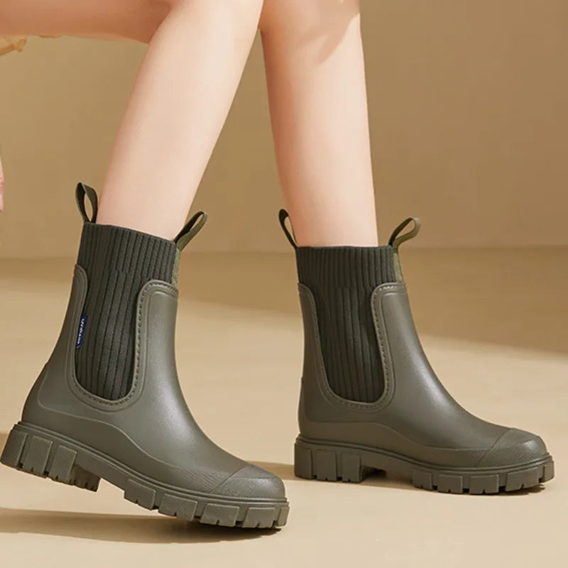 Rain Boots Women's Waterproof Chelsea Heel Chunky Non-Slip
