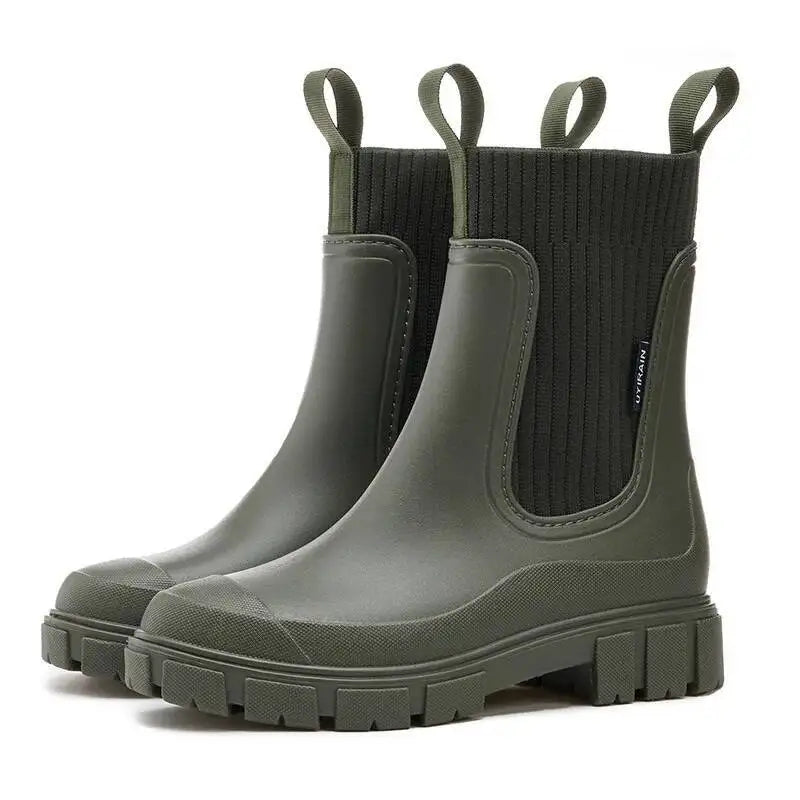 Rain Boots Women's Waterproof Chelsea Heel Chunky Non-Slip