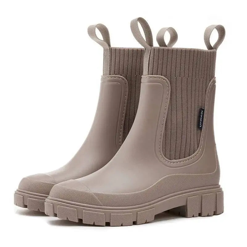 Rain Boots Women's Waterproof Chelsea Heel Chunky Non-Slip