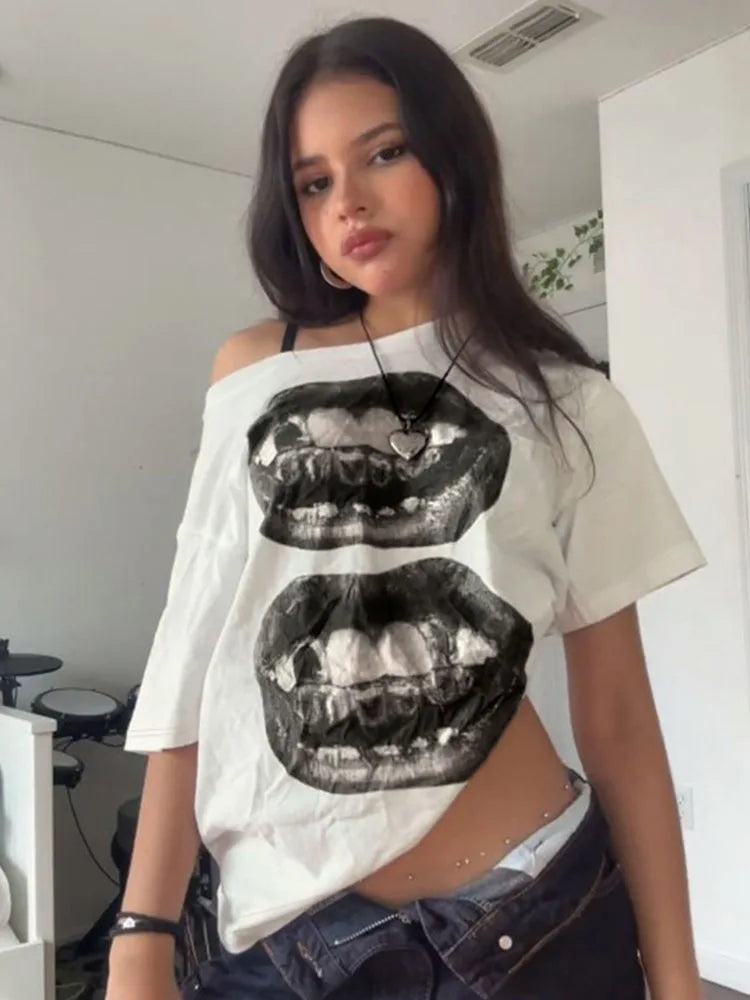 Big Lips Hip Hop Grillz Teeth Design Baggy T-shirt Women's