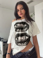 Big Lips Hip Hop Grillz Teeth Design Baggy T-shirt Women's