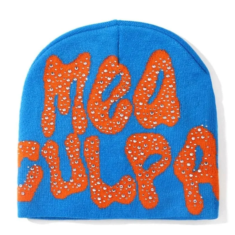 Mea Culpa Beanie With Rhinestones Warm Slouchy Cap